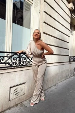 One Shoulder Satin Belted Jumpsuit