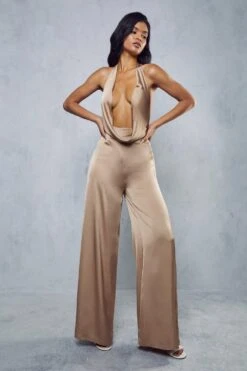 Satin Plunge Halterneck Jumpsuit -Cheap Sarto Tone Store stone satin plunge halterneck jumpsuit 3
