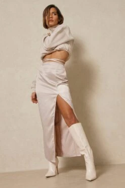 Satin Split Leg Tie Maxi Skirt -Cheap Sarto Tone Store stone satin split leg tie maxi skirt 3